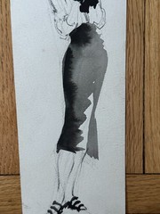 VTG 1950’s MCM Watercolor Painting Woman Dress Fashion 4 x 11 OOAK
