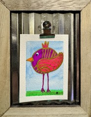 Original Acrylic, Ink And Watercolor Whimsical Vibrant Bird Aceo Painting.