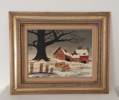 Early Hargrove Painting~Winter Farm Barn Scene 12” X 16” Canvas – Wood Frame