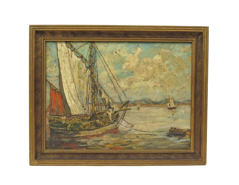Impressionist Oil Painting of Fishing Vessels in the Manner of Andre Beronneau