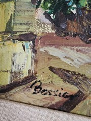 Vint. Original Framed 16×19 Street Scene Abstract Oil Painting On Canvas-Signed
