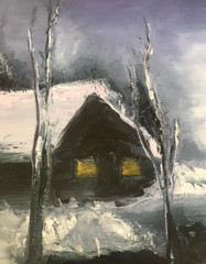 Oil Painting Canvas Artwork Night Lake Boat Moon Hanmade