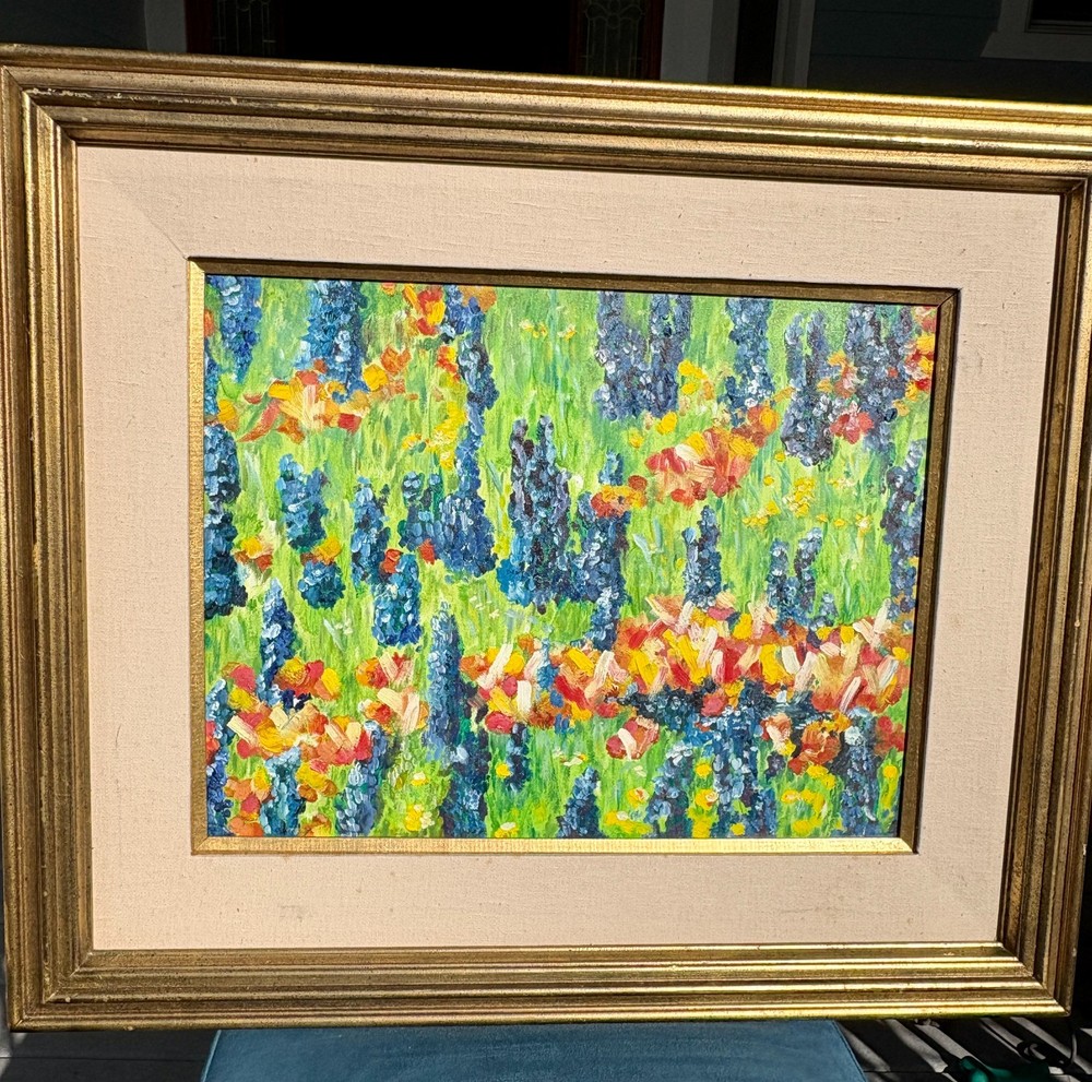 Vintage Original Oil Painting Framed Unsigned Hyacinth Wild Flowers Field Grass