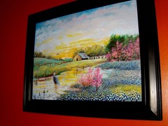 LARGE ORIGINAL Bluebonnet Landscape Barn Fence Heron Pond Blooming Tree Painting