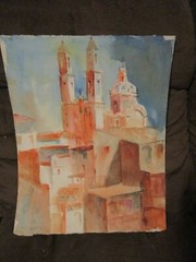 Original Watercolor By Peg Humphreys, Cathedral over rooftops 16″x 20″