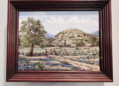 Original Signed Landscape Painting Texas Hill Country Windmill & Bluebonnets 14”