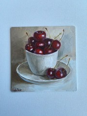 Sweet ripe cherry fruit still life oil painting 6×6″