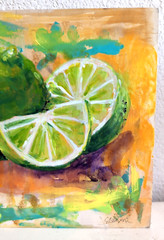 Lime Acrylic Painting on Wood Board Signed Tropical Limes Colorful Vibrant