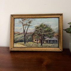 Antique Log Cabin Landscape Oil Painting Framed Unsigned circa 1930