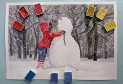 Snowman Child Watercolor Painting Winter Landscape with Backlight Christmas Gift