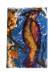 Abstract Contemporary Pour Painting Cardinal Bird Original Metallic Paint Gold