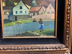 Robert Peet Hooks Signed Oil Painting Village Woman Houses Folk Art Framed 15×13