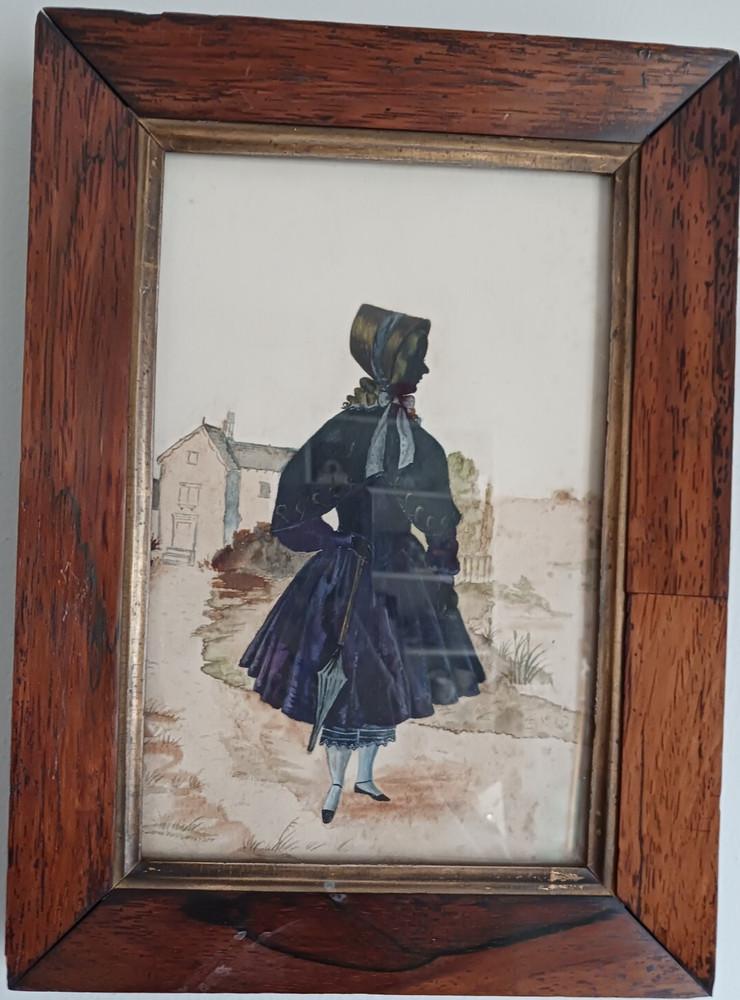 Antique 19th C. Watercolor Silhouette Lady in landscape Orig. Rosewood Frame