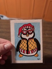 ACEO Original Painting Acrylic 2.5×3.5 Friends Joey Huggsy Penguin Stuffie Emma