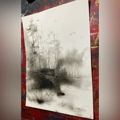 ORIGINAL Birds Landscape Painting Misty Forest Art Watercolor Artwork Monochrome