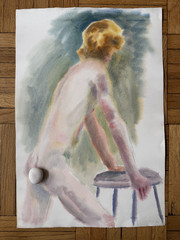 Vintage Watercolor Painting Blonde Man Peter Feldman Gay Int 14.5 x 21.5 1982