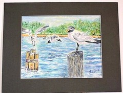 „Seagull’s Rest Stop“ Original Watercolor Painting Wildlife Water Wood Pilings