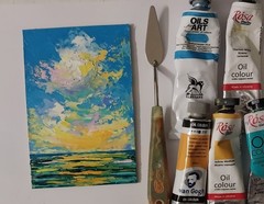 Framed Sunset Seascape Sunset Clouds Evening Sea Art 4×6” Original Oil Painting