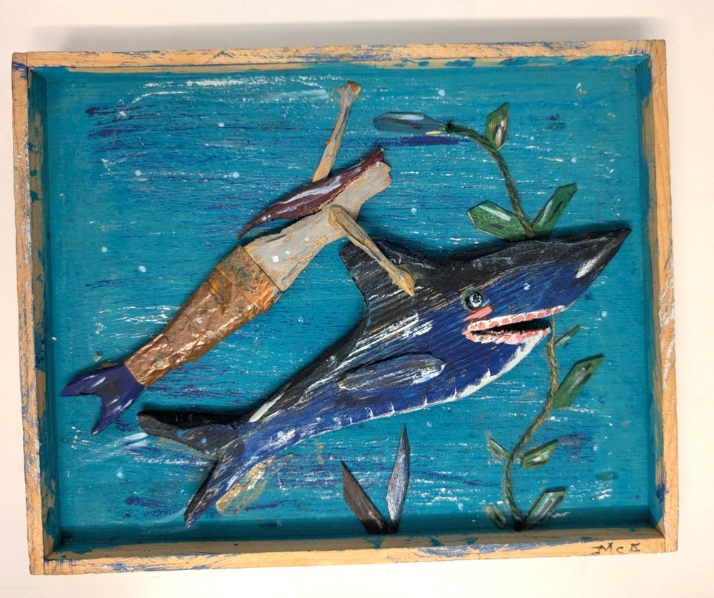 Folk Art original Dennis, MA Cape Cod Shark & Mermaid wood wall hanging