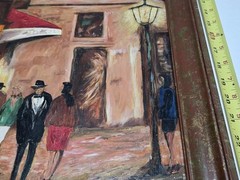 Original Painting On Board „European Cafe Scene“ OOAK Signed Jerueken 26×14