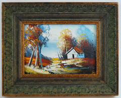 Vtg 70s Framed Original Forest Cabin, Lake Landscape Scene Mini Oil Painting 7X5