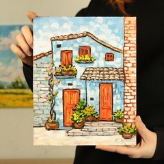 Original Oil Painting Provence Charming Cottage with Flower Street Scene Country