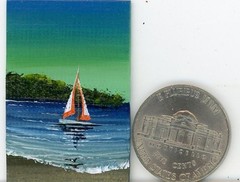 ORIGINAL 1×1.5 Acrylic Dollhouse Painting Collectible Beach Ocean Boat HYMES