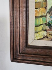 Vint. Original Framed 16×19 Street Scene Abstract Oil Painting On Canvas-Signed