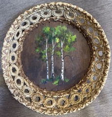 Vintage FOLK ART, Wood & Pine Needle & Raffia Weaving & Birch Tree Painting ART
