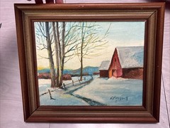 Frederick J Pearsall Landscape Painting Winter Barn Snow Vintage Rhode Island RI