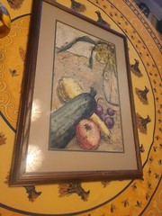 Vtg Watercolor painting still life Fruit Vegetables Floral Signed Acklin