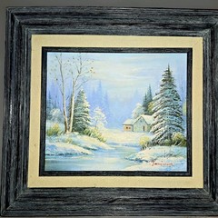 Vintage Winter Landscape Oil Painting Signed Jamison Snow Cabin Framed 18×18 ’75