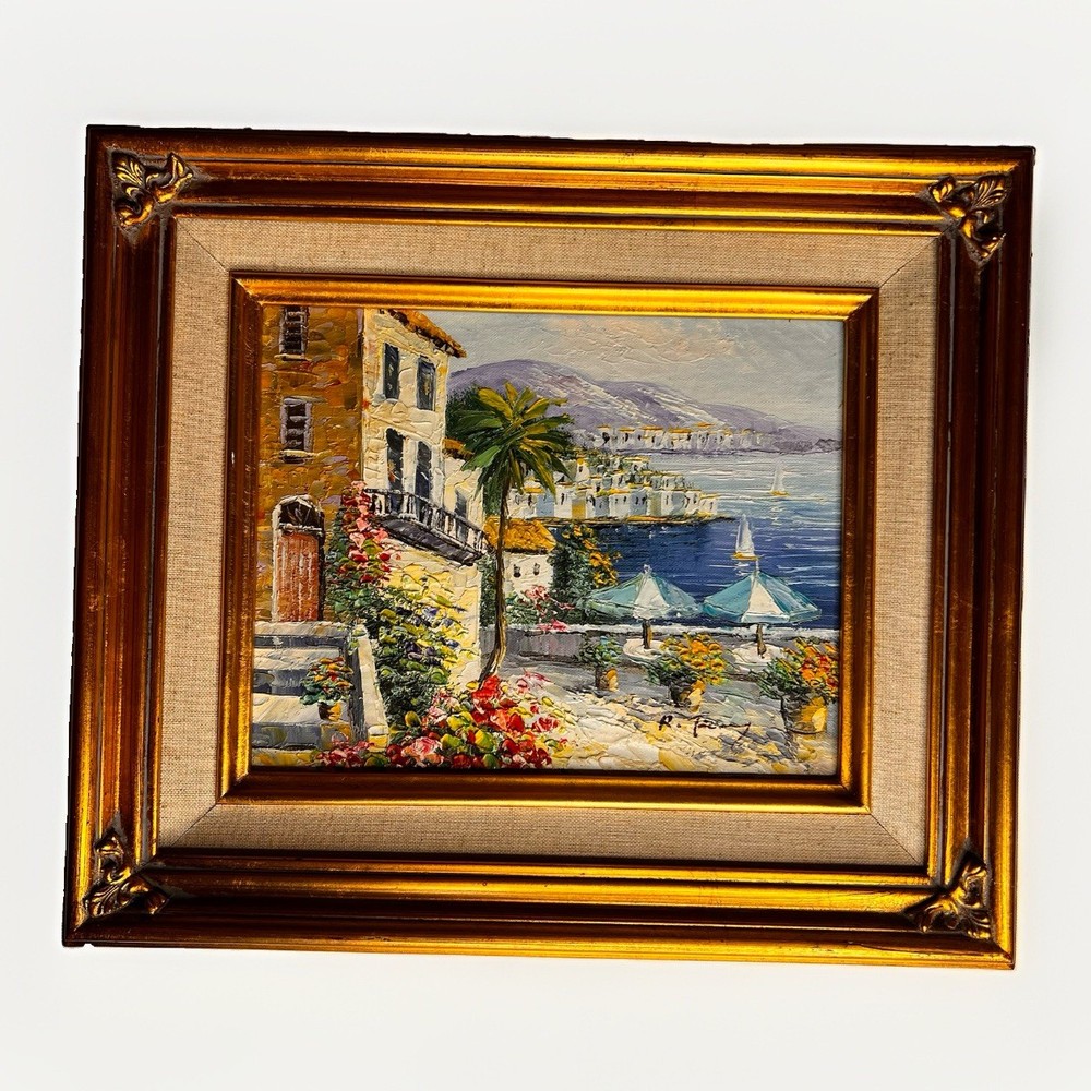 Signed Mediterranean Coastal Village Palette Knife Oil Painting Framed