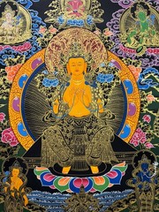 Silk Brocade Mounted Maitreya Buddha Thangka Painting, Handmade Tibetan Wall Art