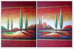 40×60 Modern Green Cypress Trees in Red Landscape 2 Canvas Set Oil Painting