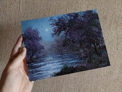 Sakura Bloom In Moonlight Night oil painting, Blossoming Cherry Original artwork