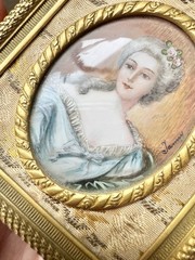 Rare 19th C. French Hand Painted Miniature Portrait Gold Gild & Tapestry Frame