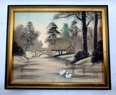 Vintage Japanese Silk Embroidery Landscape Framed Art Mid-Century Gold Thread