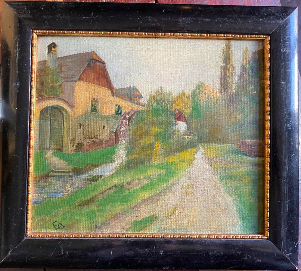 Oil painting Monogr. E.S. Path at the edge of a watermill with meadows and trees