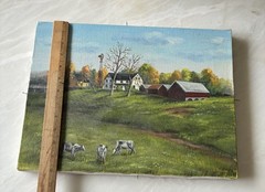 Vtg Original Oil Painting “Suttons Farm” Barn Landscape Cows Unframed Lis Behnke
