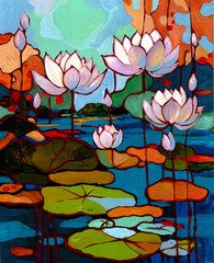 Original painting, Lotuses, Realism, 10 X8″, signed
