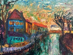 Antique Paris School Expressionist Landscape Painting Moulux Quai de Valmy