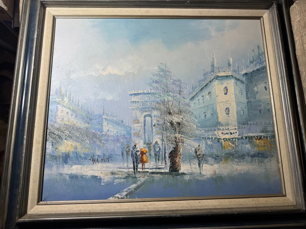 Verment? „Parisian City Street Scene With Figures“ Oil Painting – Signed/Framed