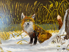 Winter Fox in snow painting on canvas board framed 12″ x 9″ Ruby Shneider