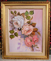 VTG 1980’S SMALL FRAMED ORIGINAL OIL ROSE FLOWERS BOUQUET CUBAN ARTIST ZOE CUTIE
