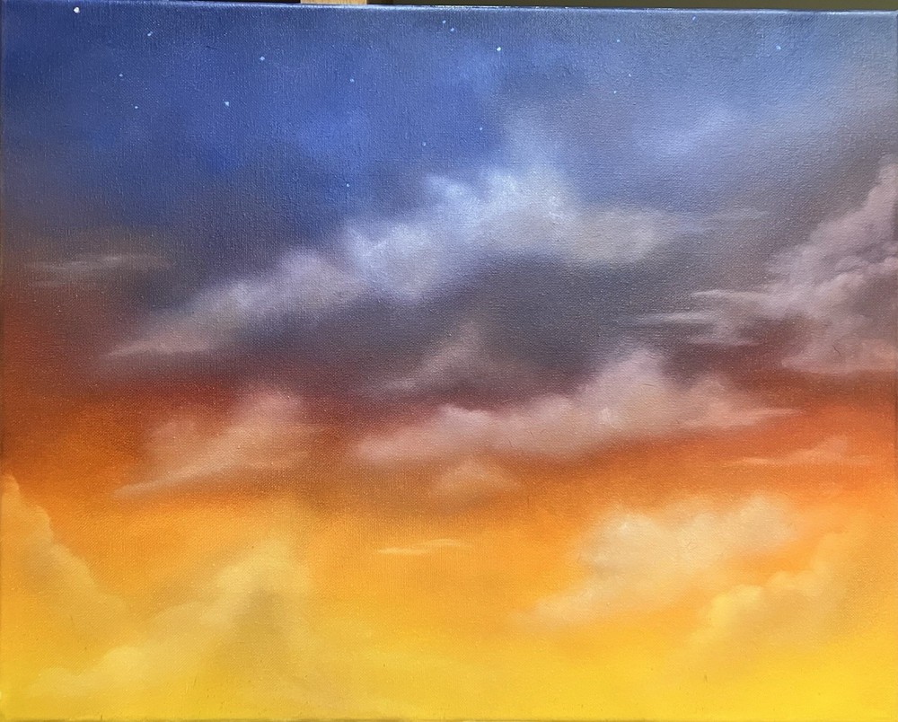 Sky & Clouds Nature Painting, Contemporary Blue Orange Yellow Sunset