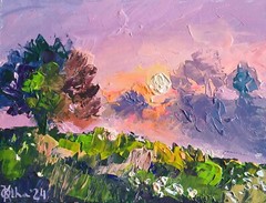 acrylic painting on panel original hand made art foggy sunset landscape river