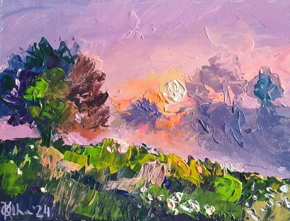 acrylic painting on panel original hand made art foggy sunset landscape river