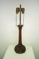 American Carved Oak Lamp w/ Painted Tole Shade, c1910