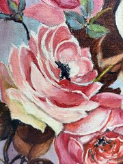 Antique Oil Painting On Board Pink Roses Signed Framed Wall Art Still Life 15X12